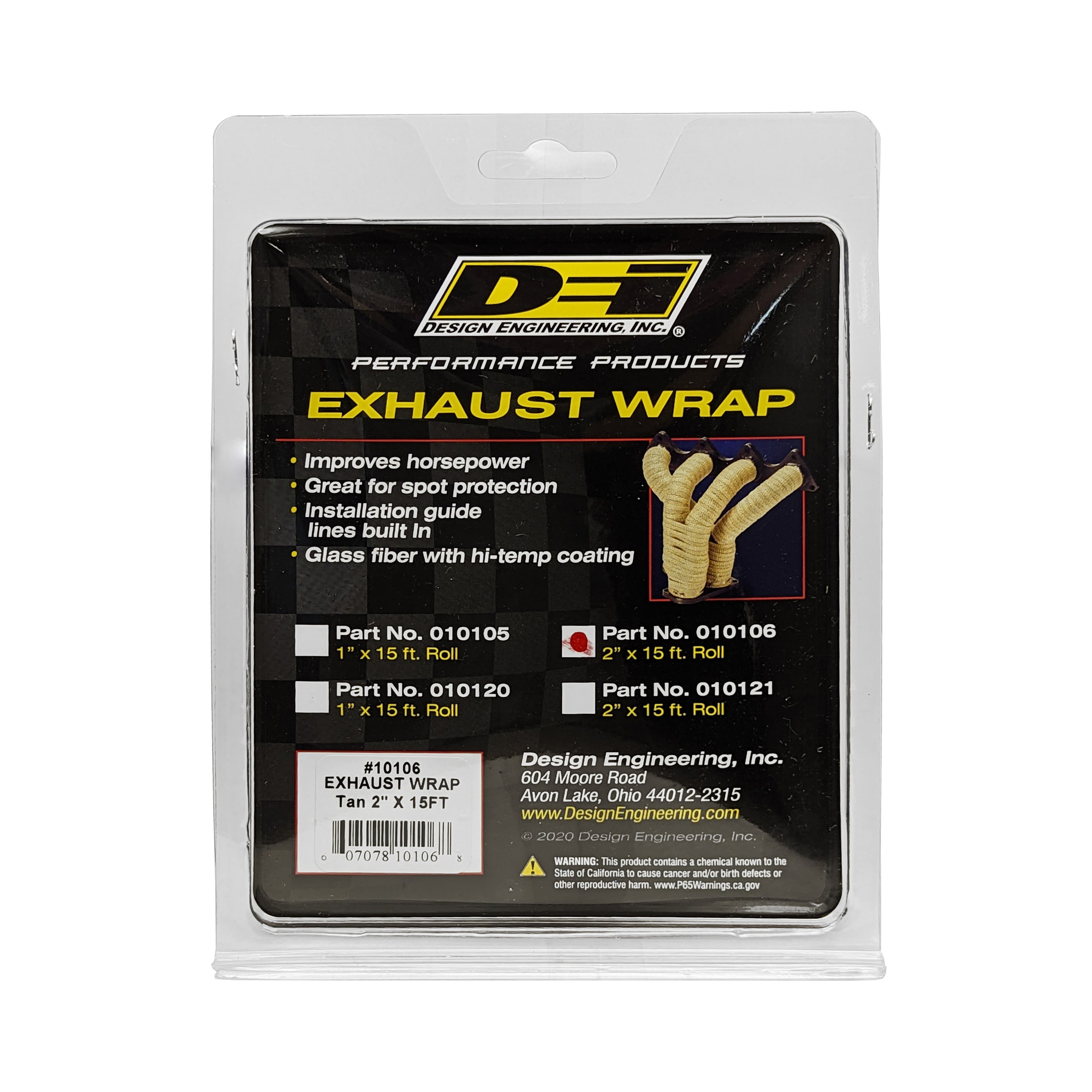 Design Engineering One 15 foot roll of 2 inch wide Tan Glass Fiber exhaust wrap. Exhaust Heat Shield