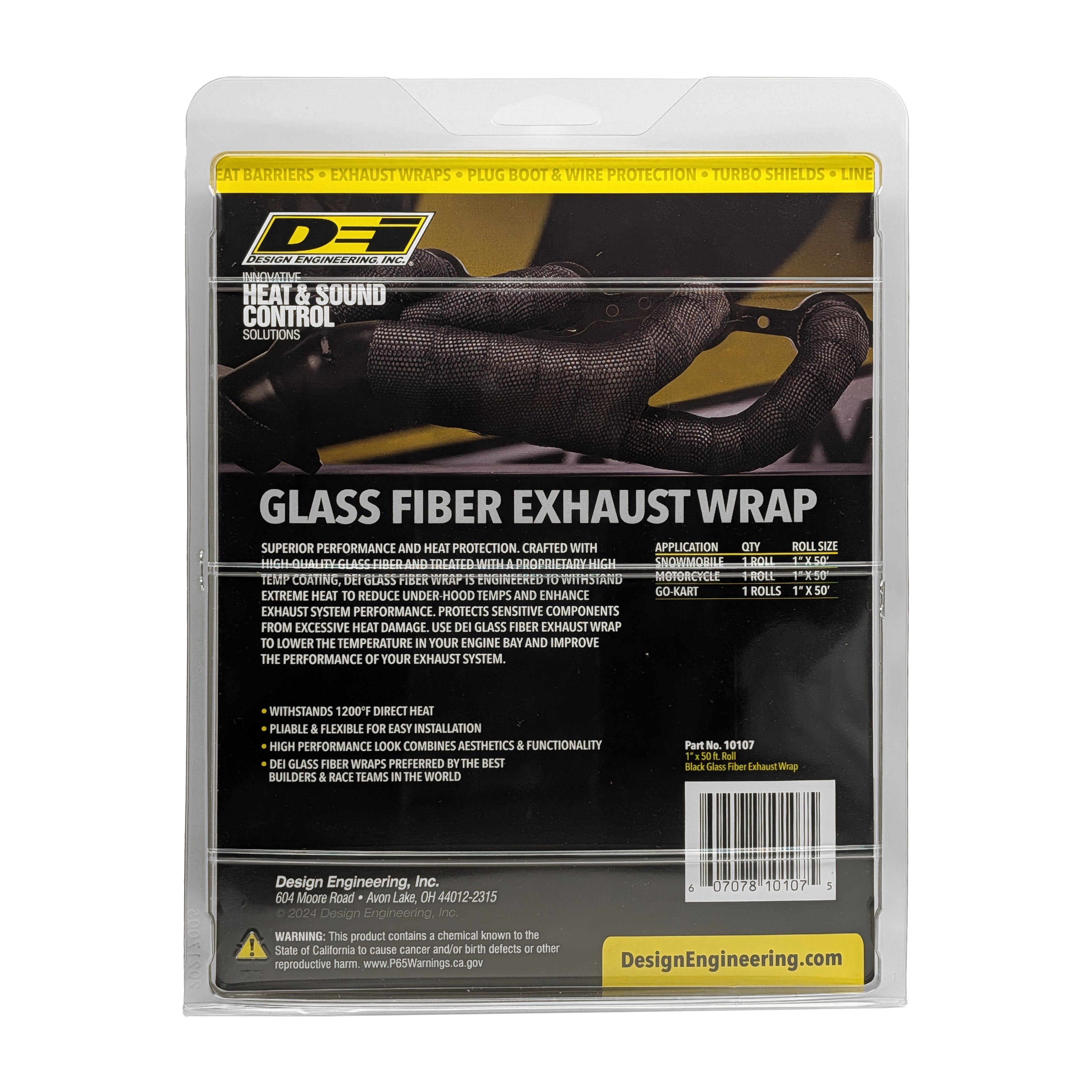Design Engineering One 50 foot roll of 1 inch wide Black Glass Fiber exhaust wrap. Exhaust Heat Shield