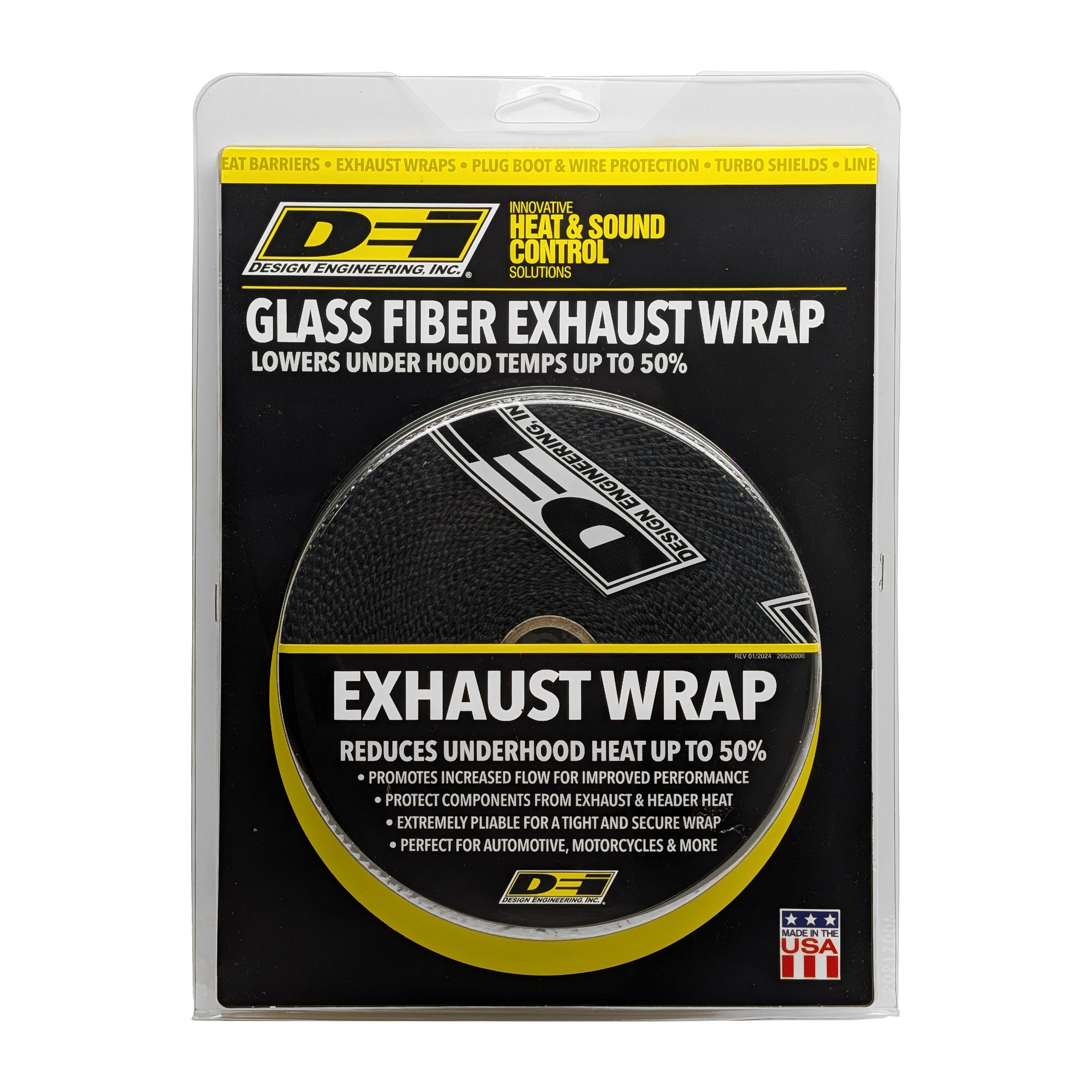 Design Engineering One 50 foot roll of 1 inch wide Black Glass Fiber exhaust wrap. Exhaust Heat Shield