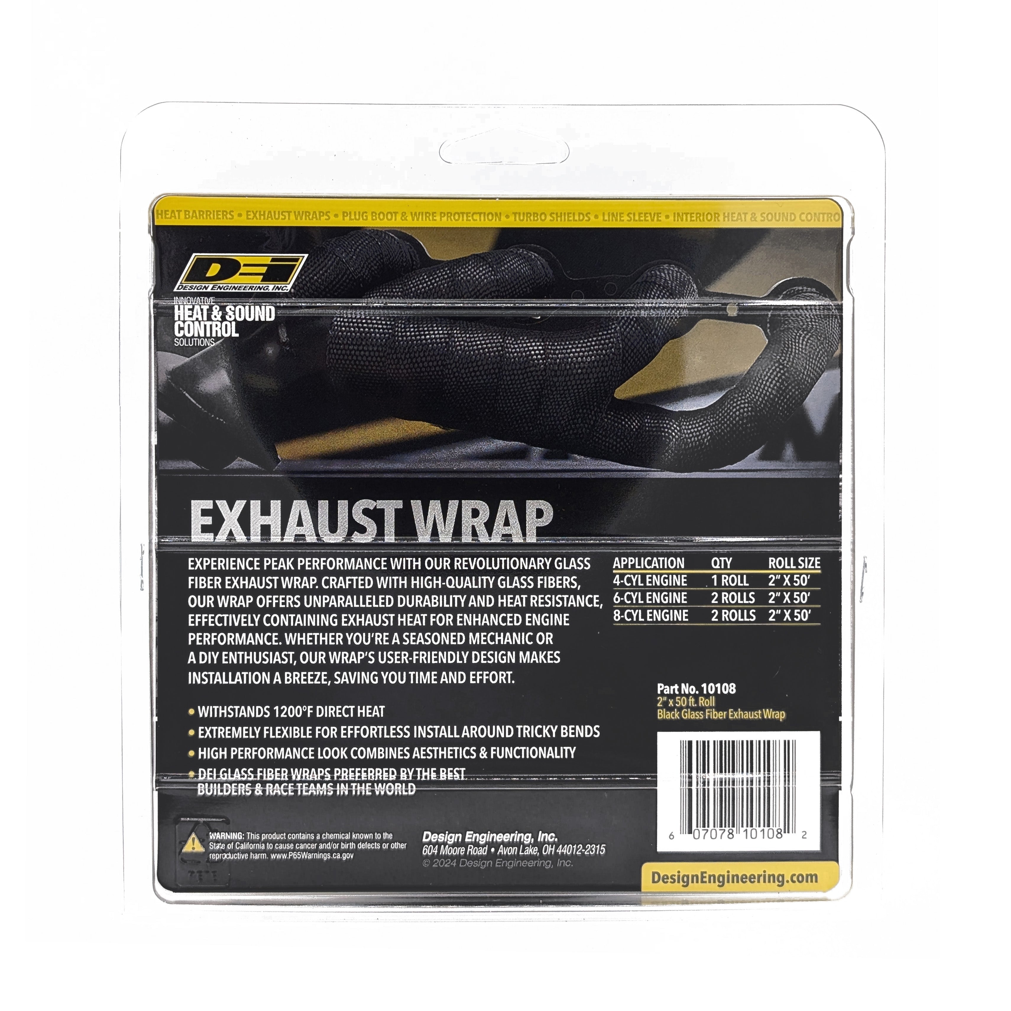 Design Engineering One 50 foot roll of 2 inch wide Black Glass Fiber exhaust wrap. Exhaust Heat Shield