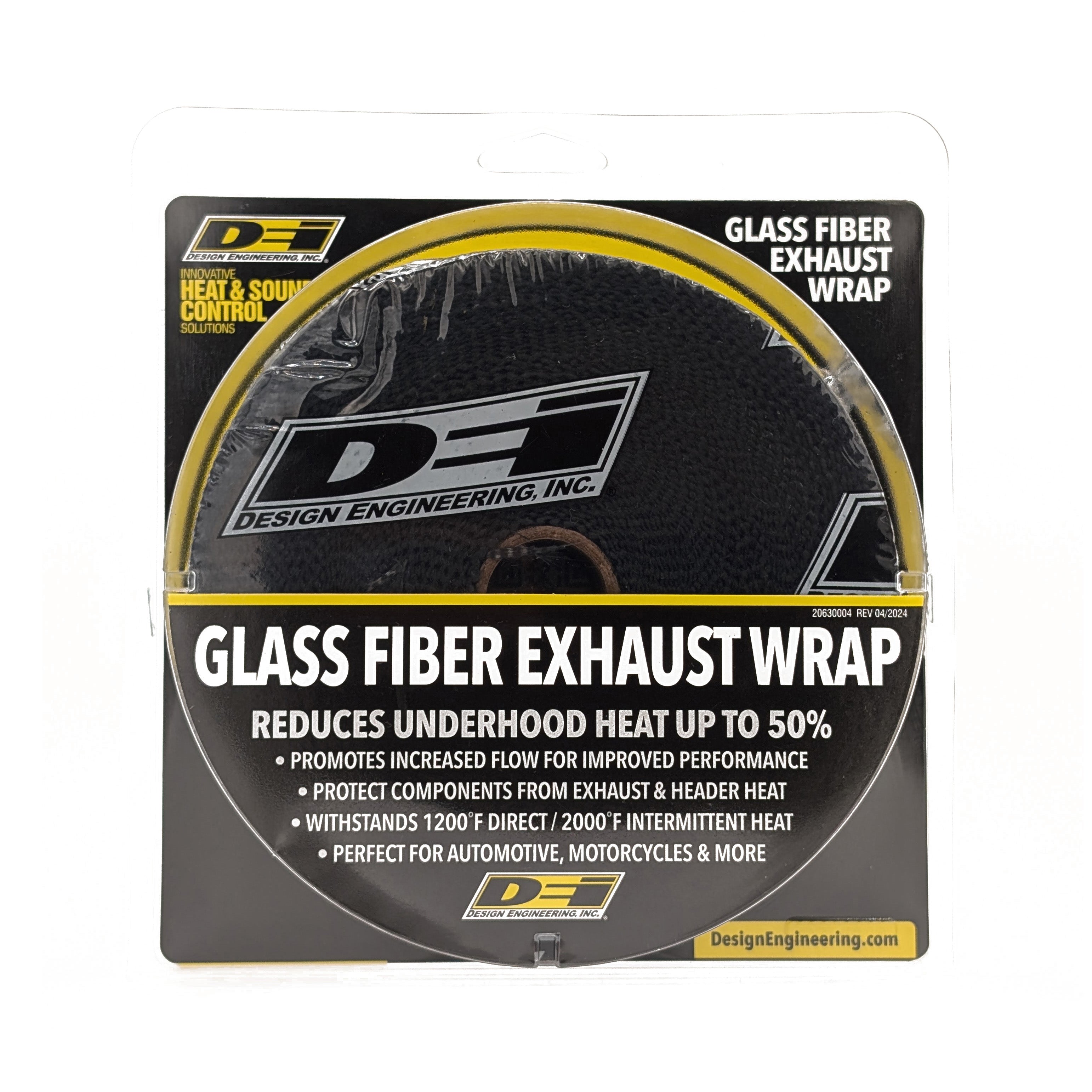 Design Engineering One 50 foot roll of 2 inch wide Black Glass Fiber exhaust wrap. Exhaust Heat Shield