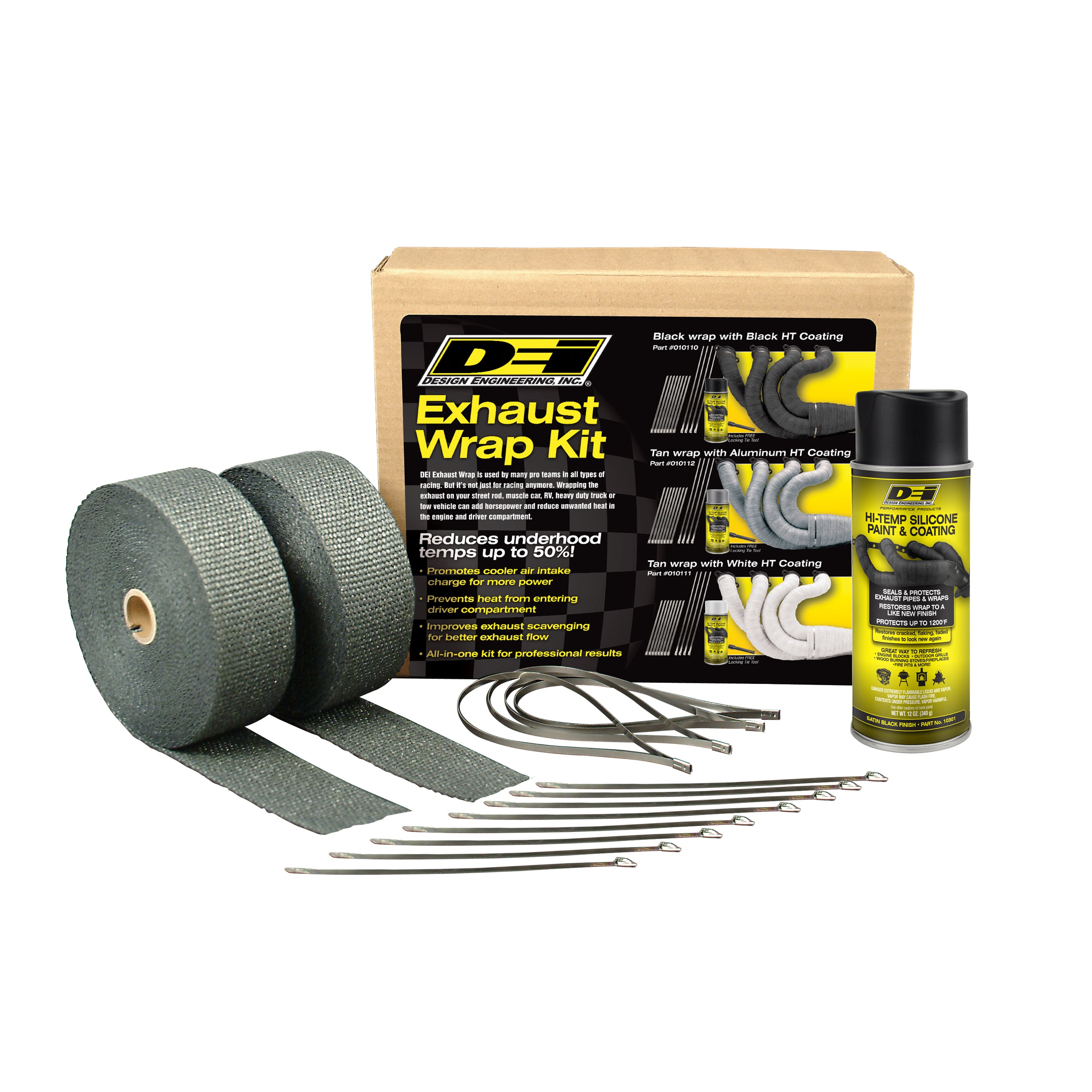 Design Engineering Exhaust Wrap & HT Spray Kit Glass Fiber Black 2in x 50ft Exhaust Heat Shield 10110