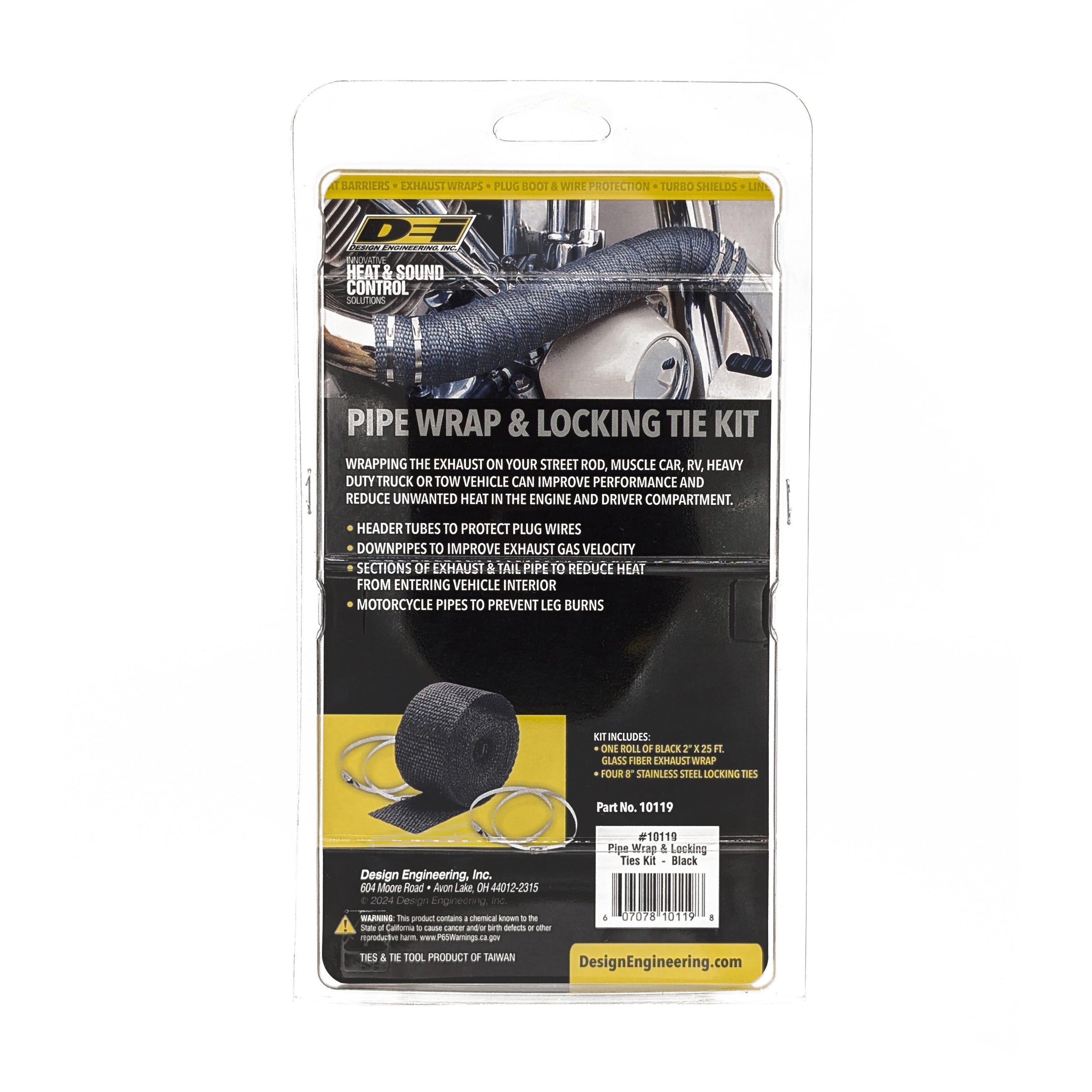 Design Engineering One 25 foot length of 2 inch wide black exhaust wrap and four locking ties. 10119