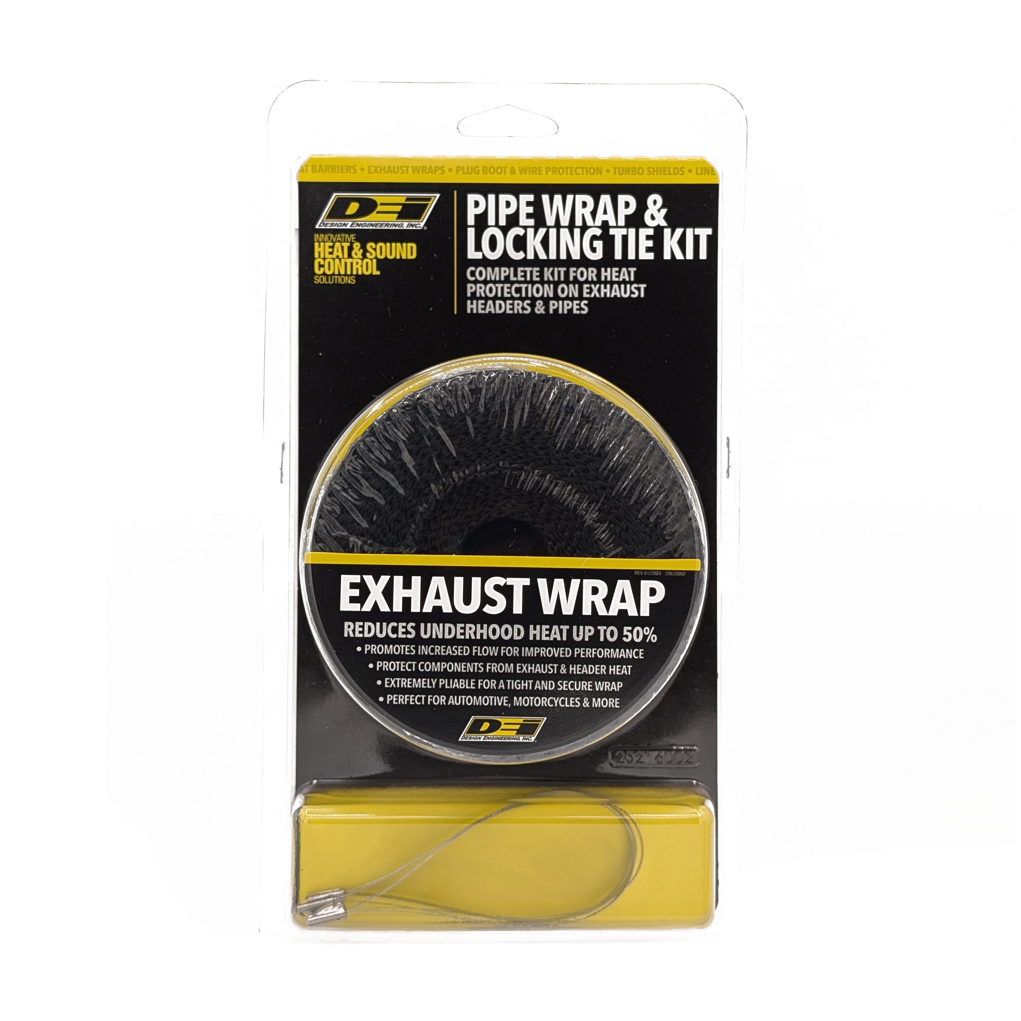 Design Engineering One 25 foot length of 2 inch wide black exhaust wrap and four locking ties. 10119