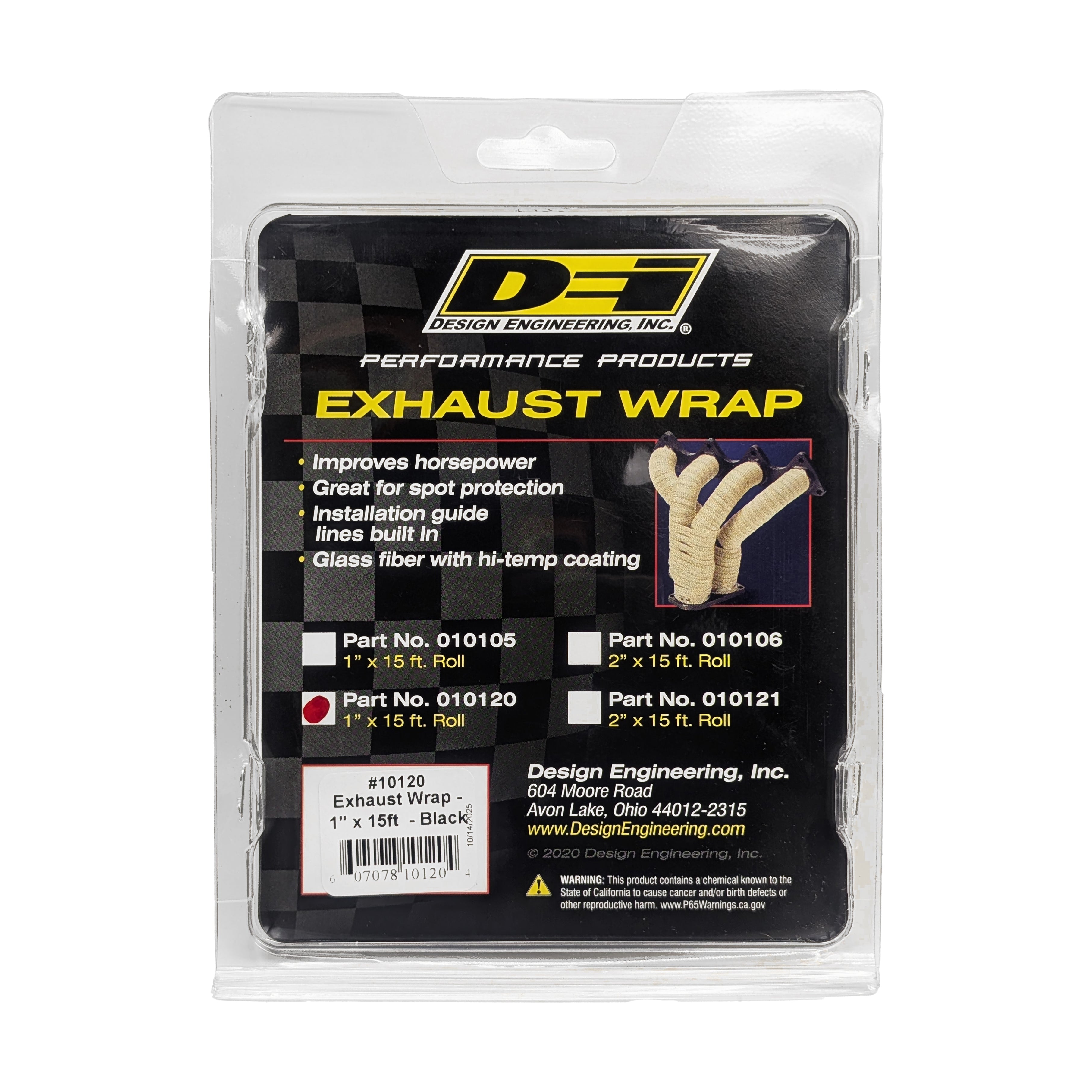 Design Engineering One 15 foot roll of 1 inch wide Black Glass Fiber Exhaust wrap. Exhaust Heat Shield