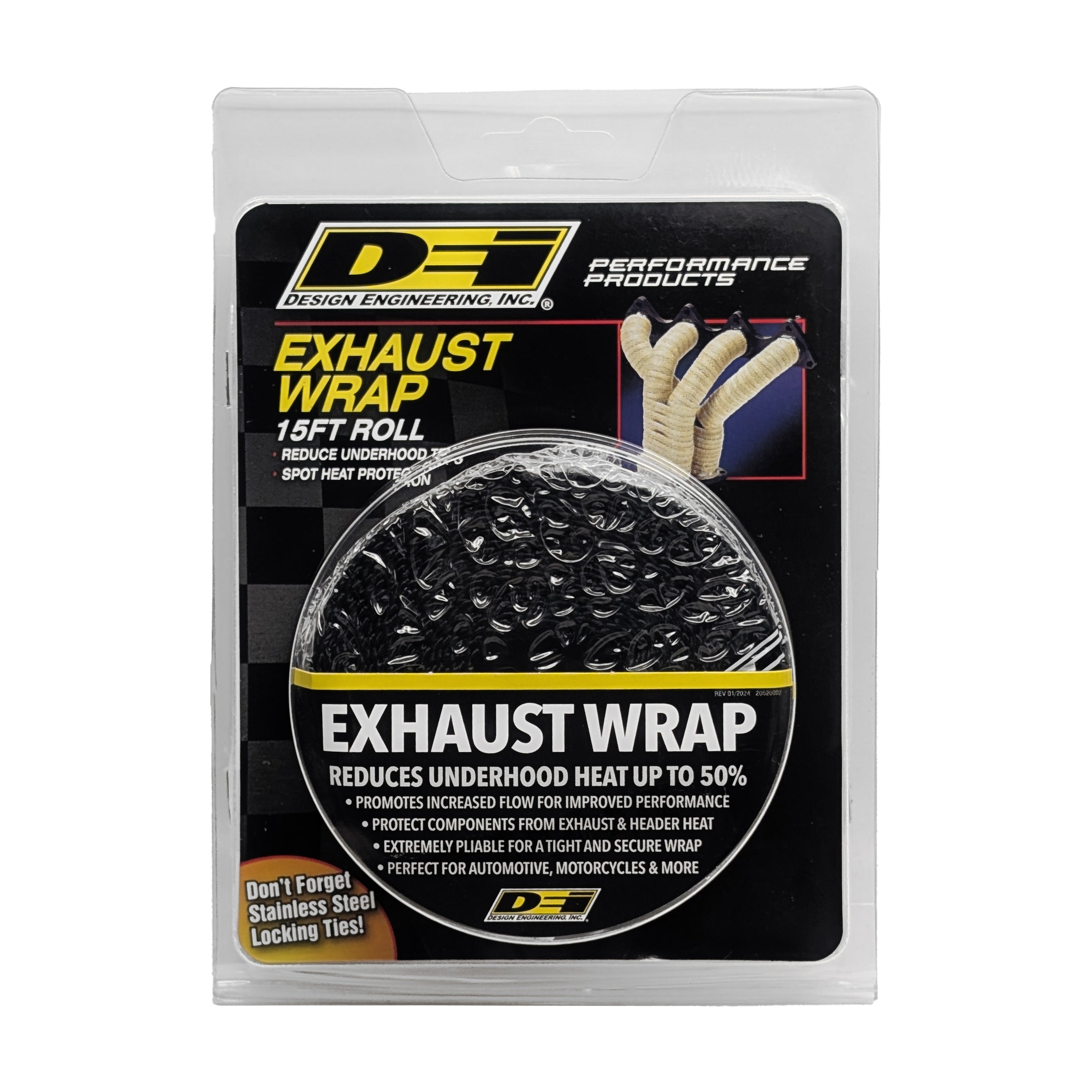Design Engineering One 15 foot roll of 1 inch wide Black Glass Fiber Exhaust wrap. Exhaust Heat Shield