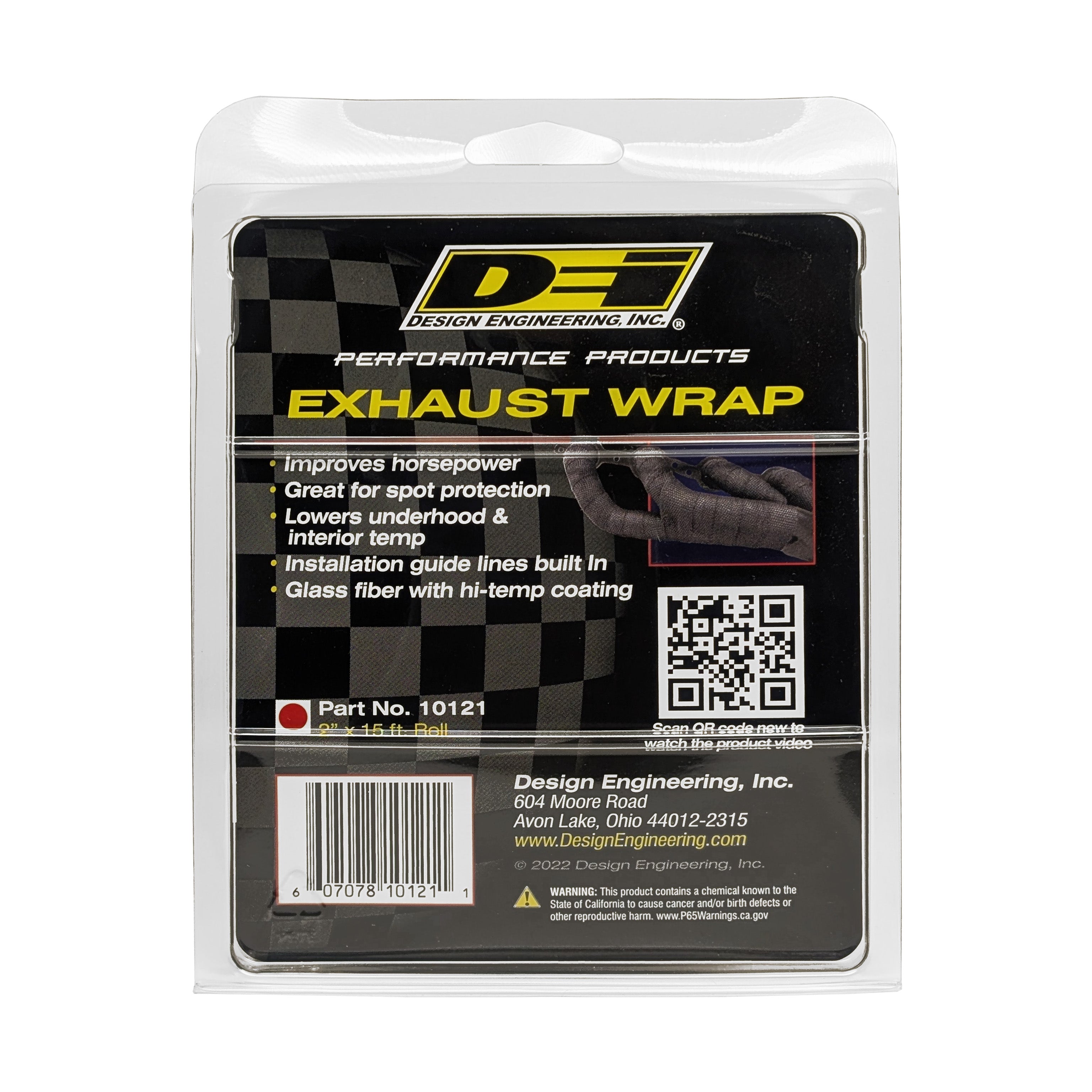 Design Engineering One 15 foot roll of 2 inch wide Black Glass Fiber Exhaust wrap. Exhaust Heat Shield