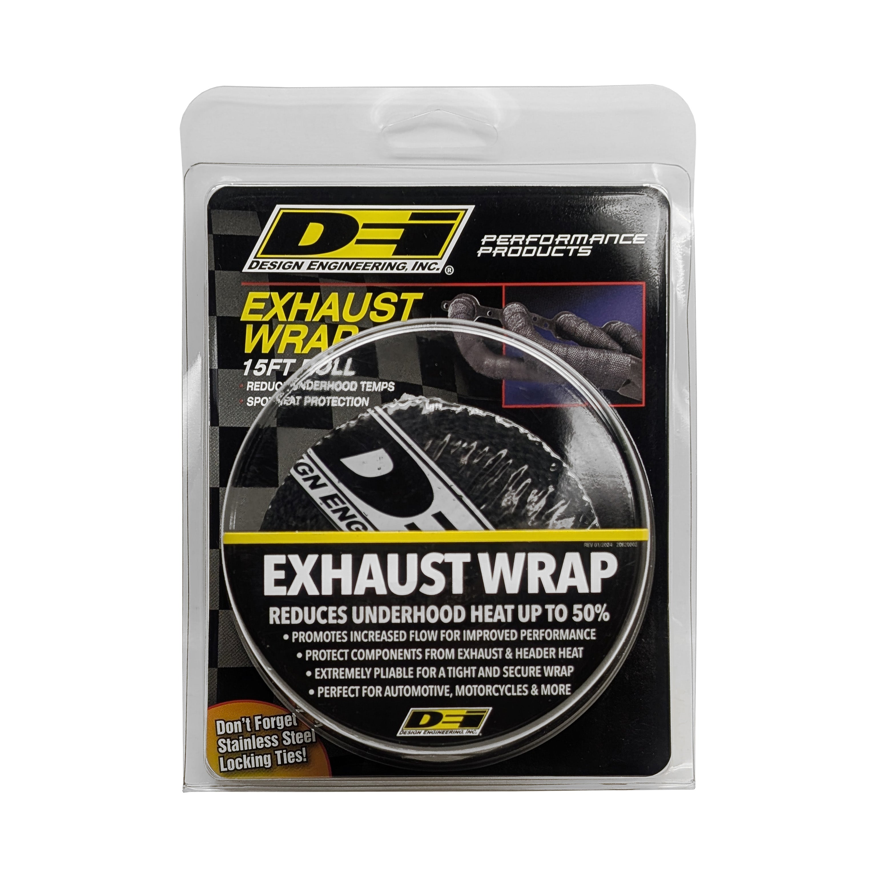 Design Engineering One 15 foot roll of 2 inch wide Black Glass Fiber Exhaust wrap. Exhaust Heat Shield
