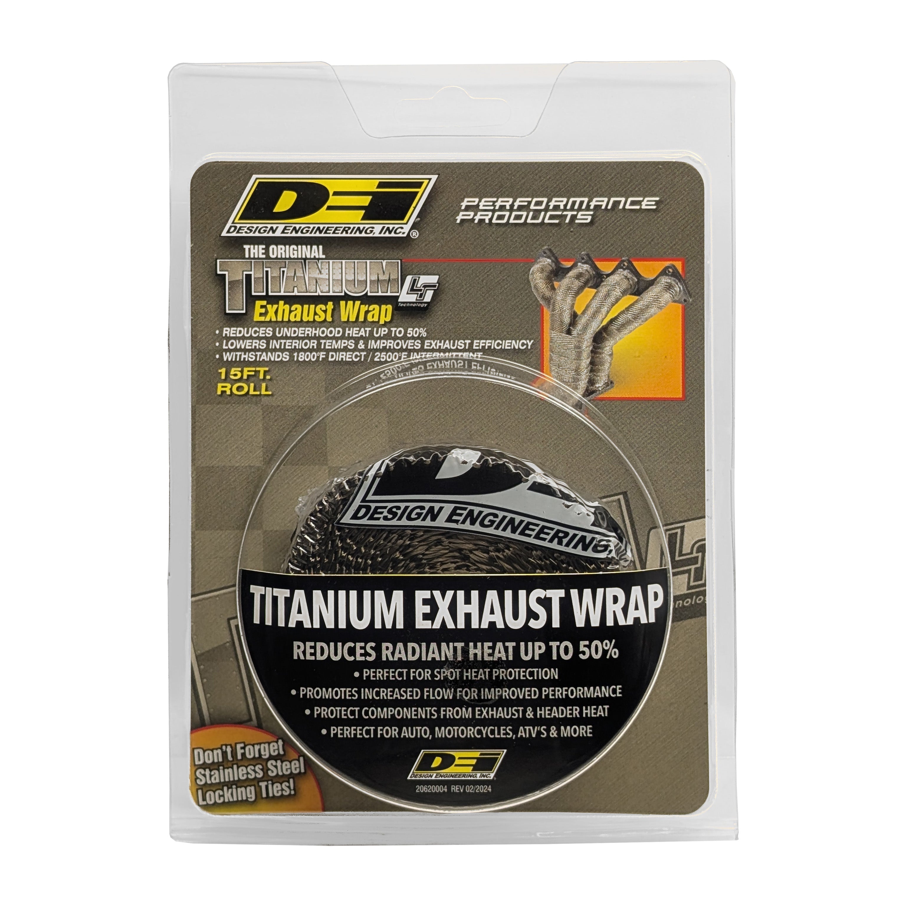 Design Engineering One 15 foot roll of 1 inch wide titanium exhaust wrap. Exhaust Heat Shield 10128