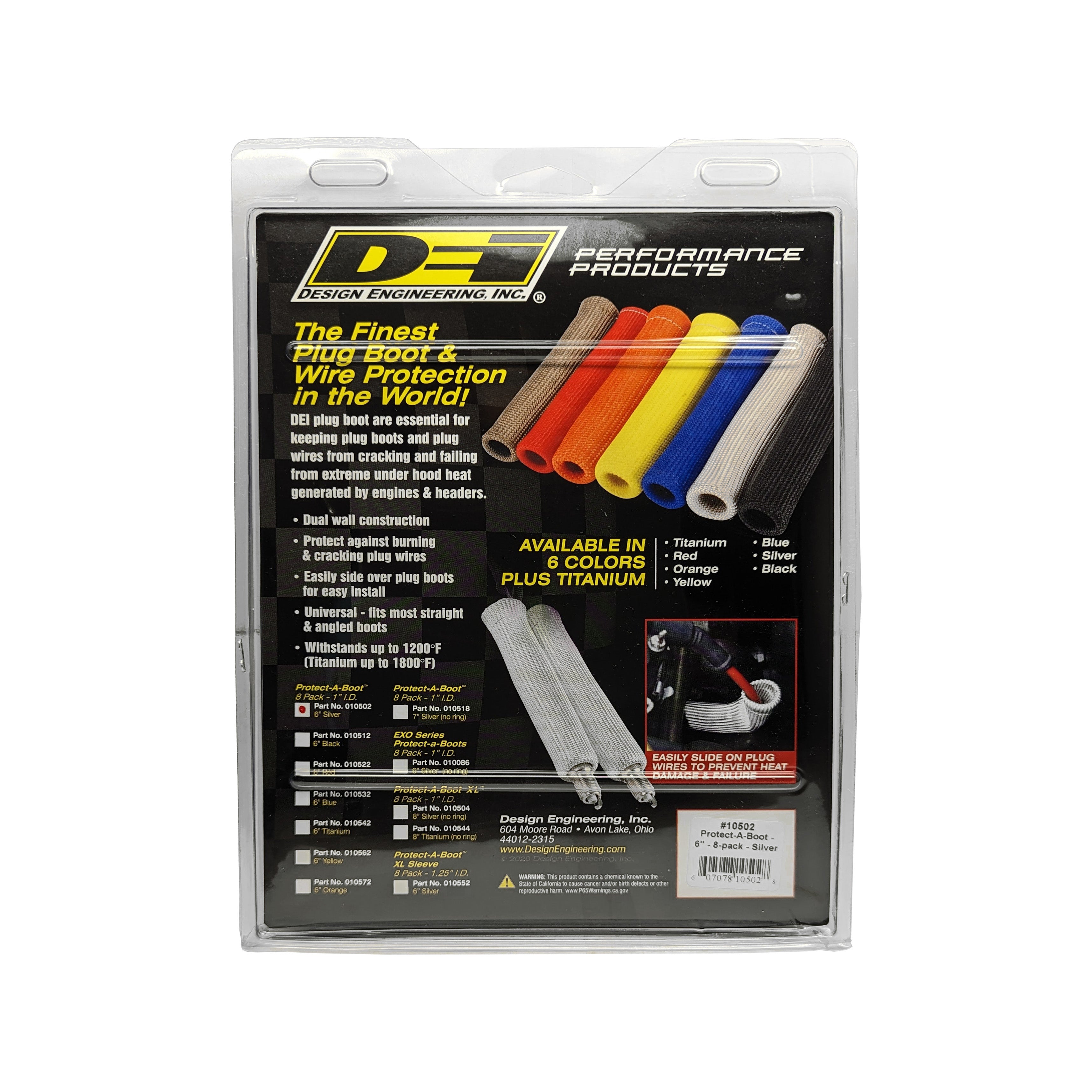 Design Engineering Eight silver 6 inch Protect-A-Boots with internal metal ring. Spark Plug Boot Heat Sleeve