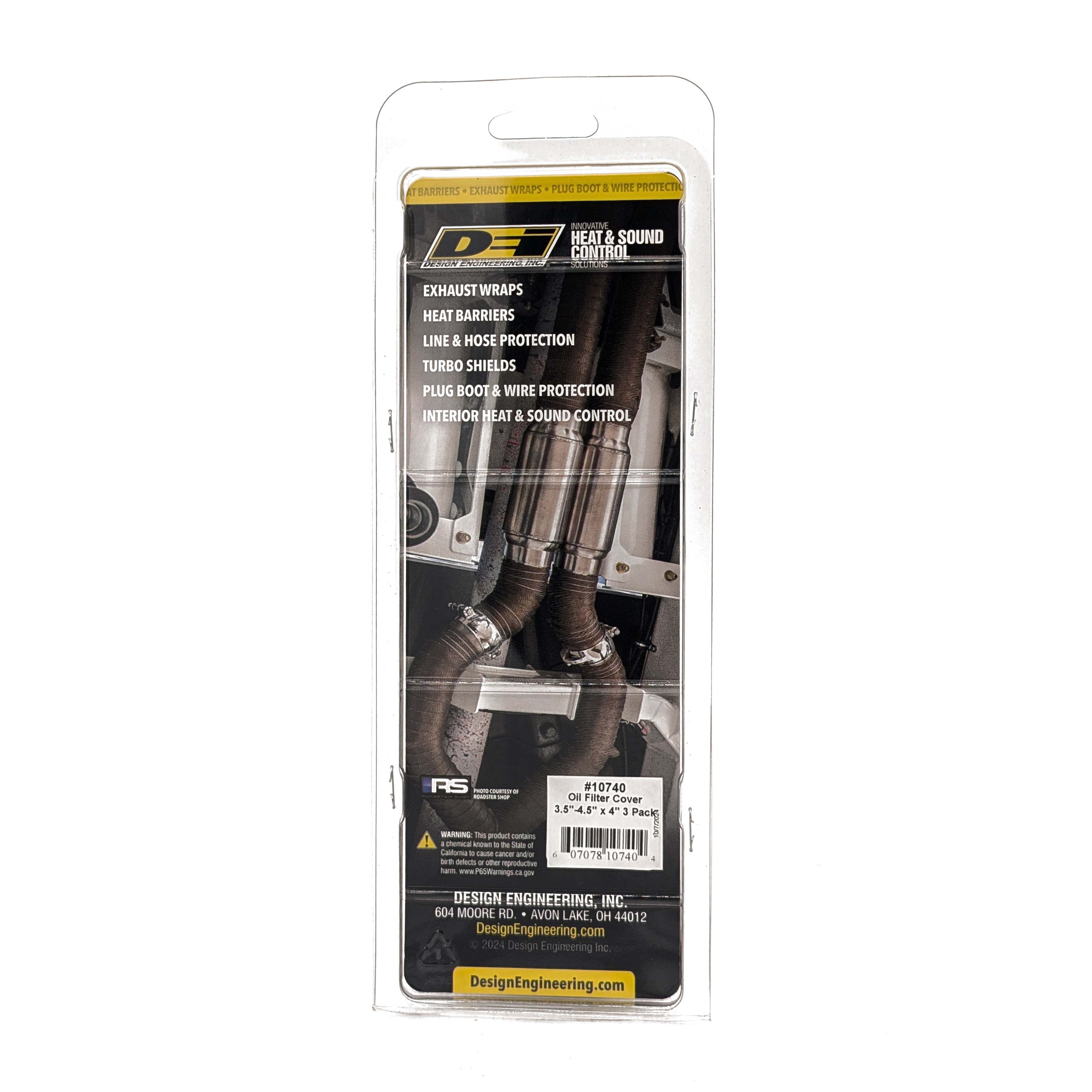 Design Engineering Three 3-1/2 to 4-1/2 inch by 4 inch oil filter reflective shields. Exhaust Heat Shield