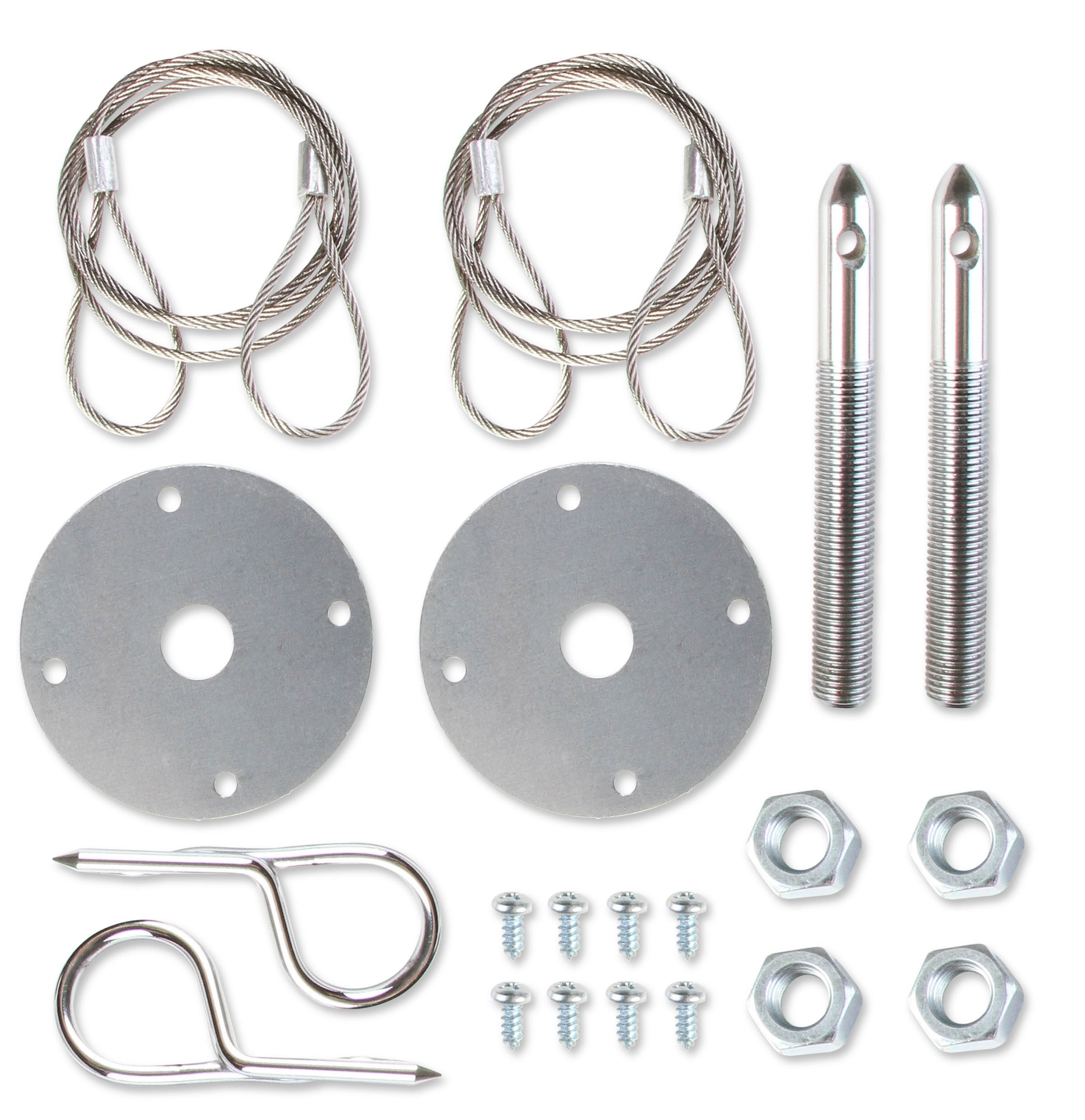 Mr Gasket Hood Pin Kit With Hairpin Style Clips, Lanyard Cables, And Scuff Plates. 1616 product image 1