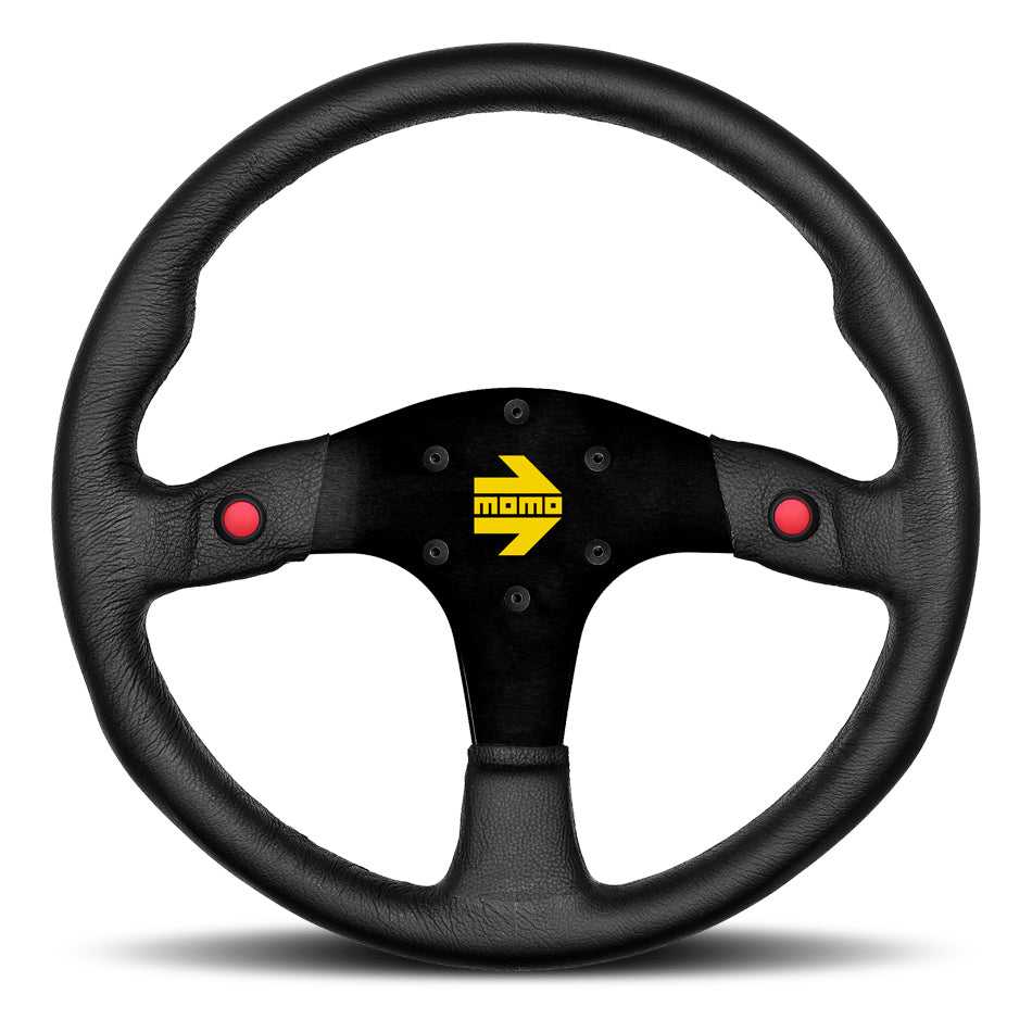 MOMO Tuning & Safety Steering Wheel - MOD. 80 - 350 Mm Diameter - 33 Mm Dish - 3 - Spoke - 2 Buttons - Black Leather Grip - Aluminum - Black R198035L