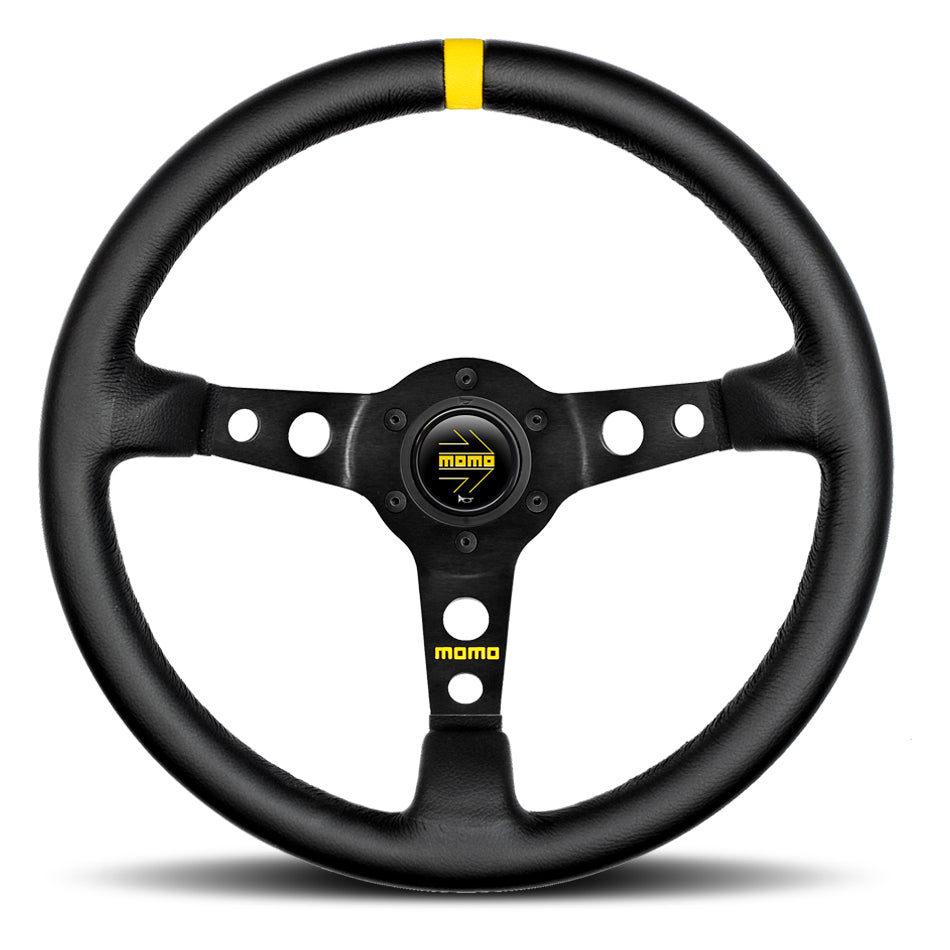 MOMO Tuning & Safety Steering Wheel - MOD. 07 - 350 Mm Diameter - 72 Mm Dish - 3 - Spoke - Black Leather Grip - Yellow Stripe - Aluminum - Bl R190535L
