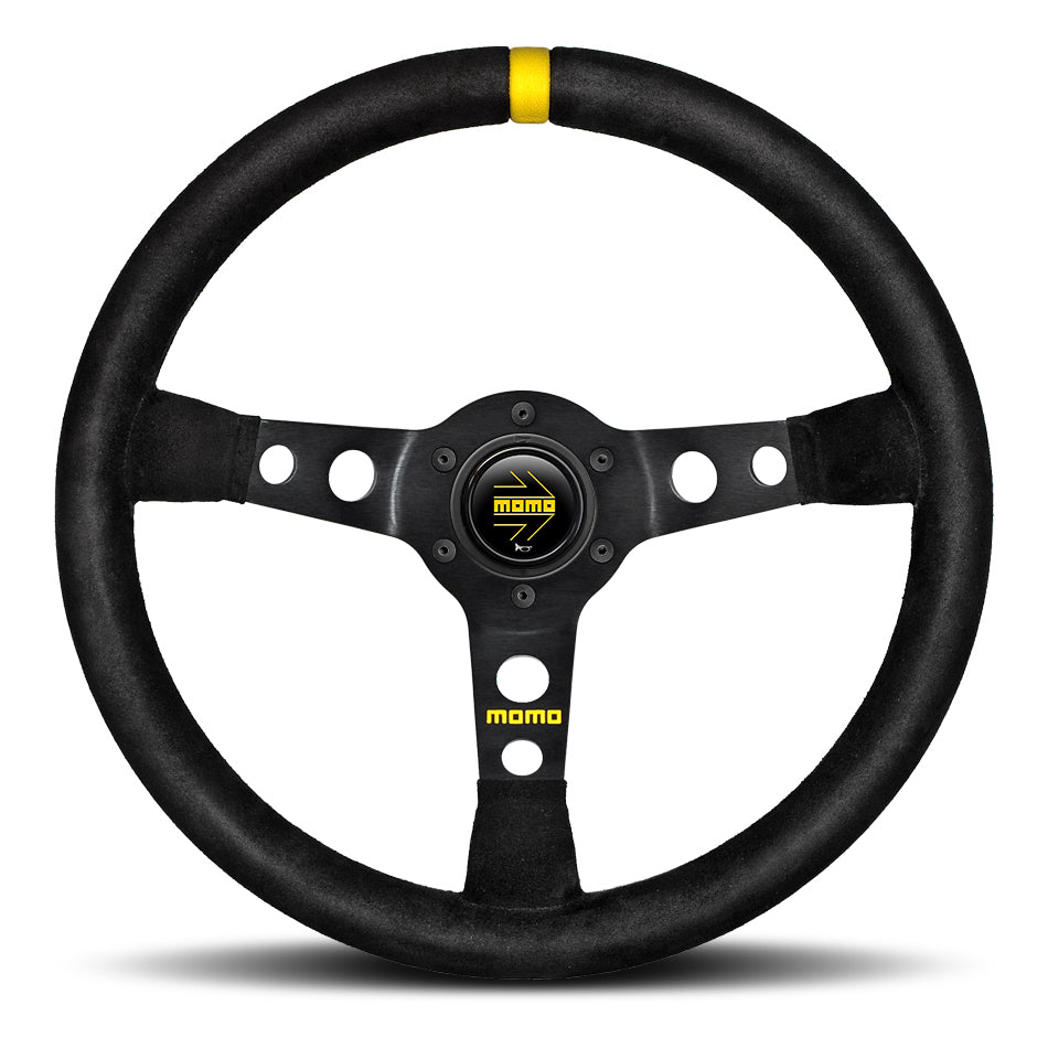 MOMO Tuning & Safety Steering Wheel - MOD. 07 - 350 Mm Diameter - 72 Mm Dish - 3 - Spoke - Black Suede Grip - Yellow Stripe - Aluminum - Blac R190535S