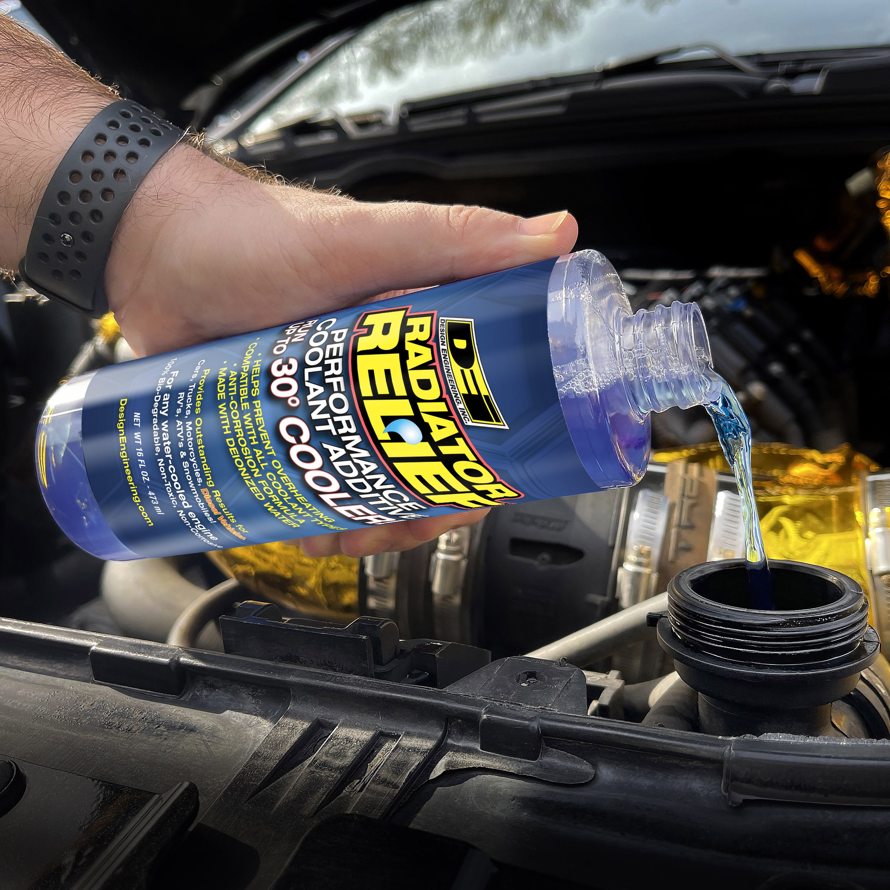 Design Engineering One 16 oz bottle of Radiator Relief. Engine Coolant Additive 40200