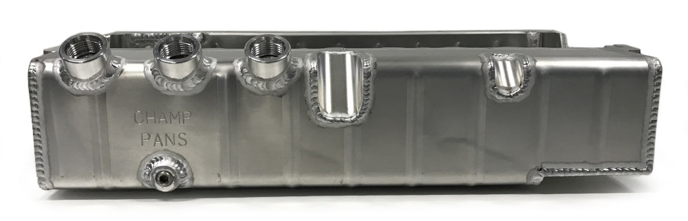 Champ Pans PRO172R3A Engine Oil Pan, Asphalt Late Model, Dry Sump, 4.25 in Deep, Three 12 AN Male Passenger Side Pickups