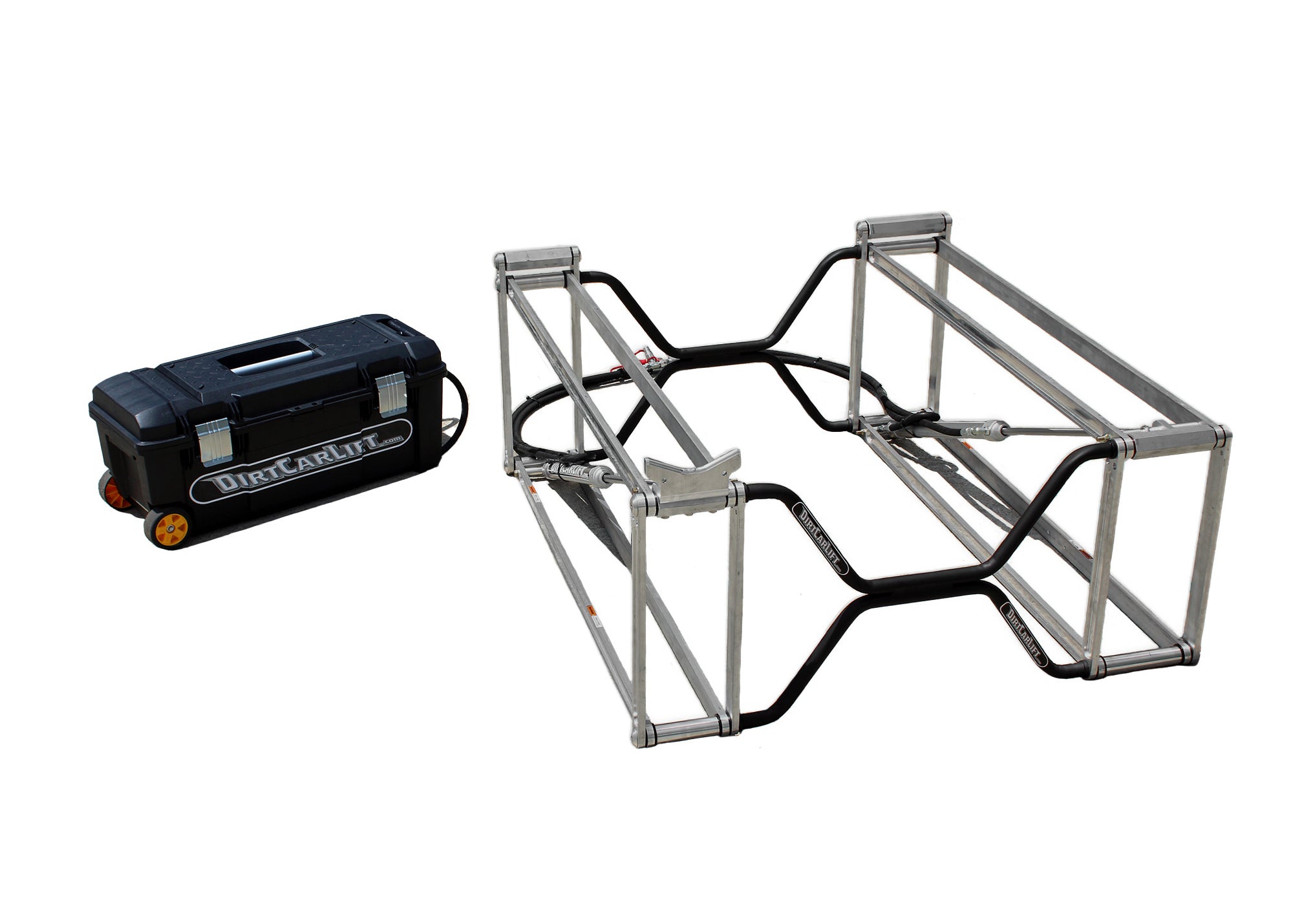 Dirtcarlift.com Race Car Lift - 4000 Lb Capacity - 20 in Lift Rear - 18 in Lift Front - Pump / Hoses Included - Late Model - Aluminum - Black Powder Coat - Each - LLM3002-BK
