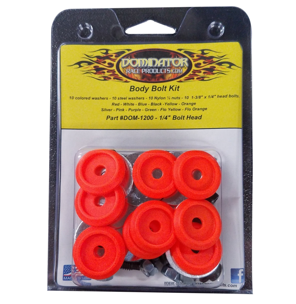 Dominator Race Body Countersunk Bolt Kit - 1/4-20 in Thread - 1.375 in Long - Hex Head - Countersunk Washers / Nuts - Plastic / Steel - Fluorescent Orange - Set Of 10 - DOM-1200-B-FLO-OR