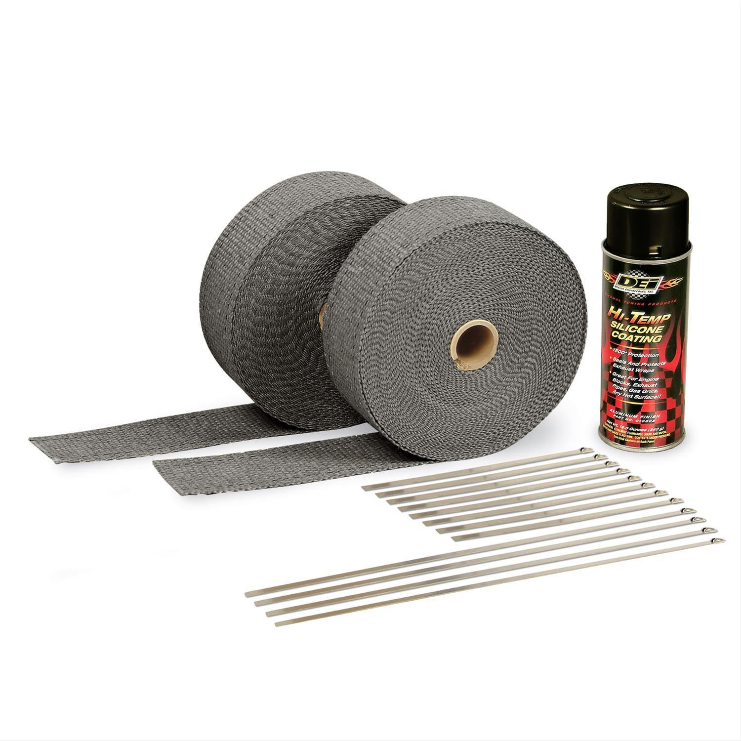 Design Engineering Exhaust Wrap & HT Spray Kit Glass Fiber Black 2in x 50ft Exhaust Heat Shield 10110
