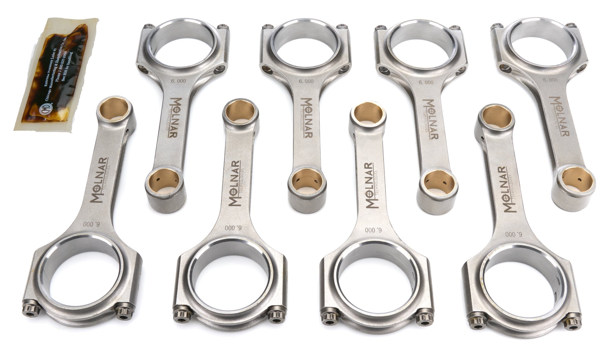 Molnar Technologies Connecting Rod - H - Beam - 6.000 in Long - 3/8 in Cap Screws - Billet Steel - Small Block Chevy - set of 8 CH6000NLB-M8-A