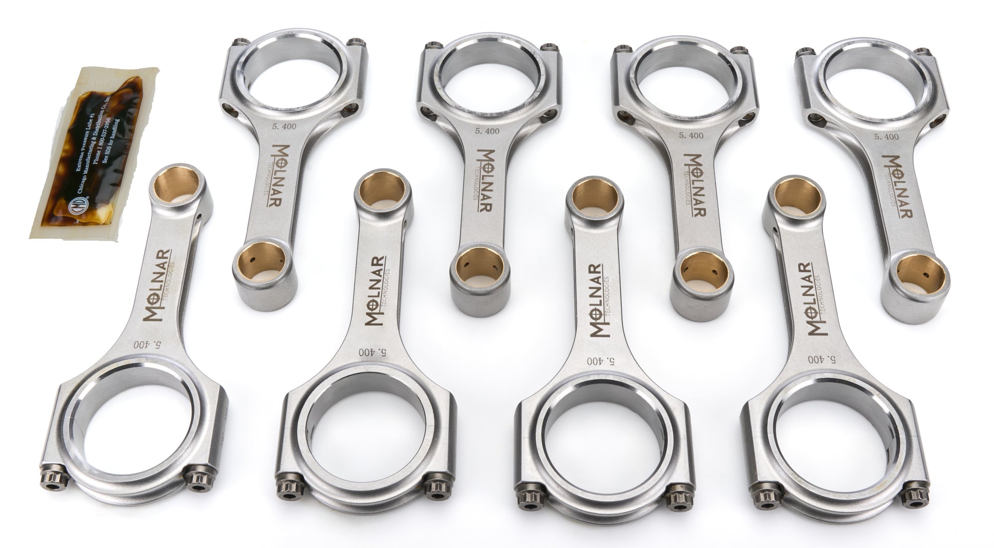 Molnar Technologies Connecting Rod - H Beam - 5.400 in Long - 3/8 in Cap Screws - ARP2000 Bolt - Billet Steel - Small Block Ford - set of FH5400NLB8-A