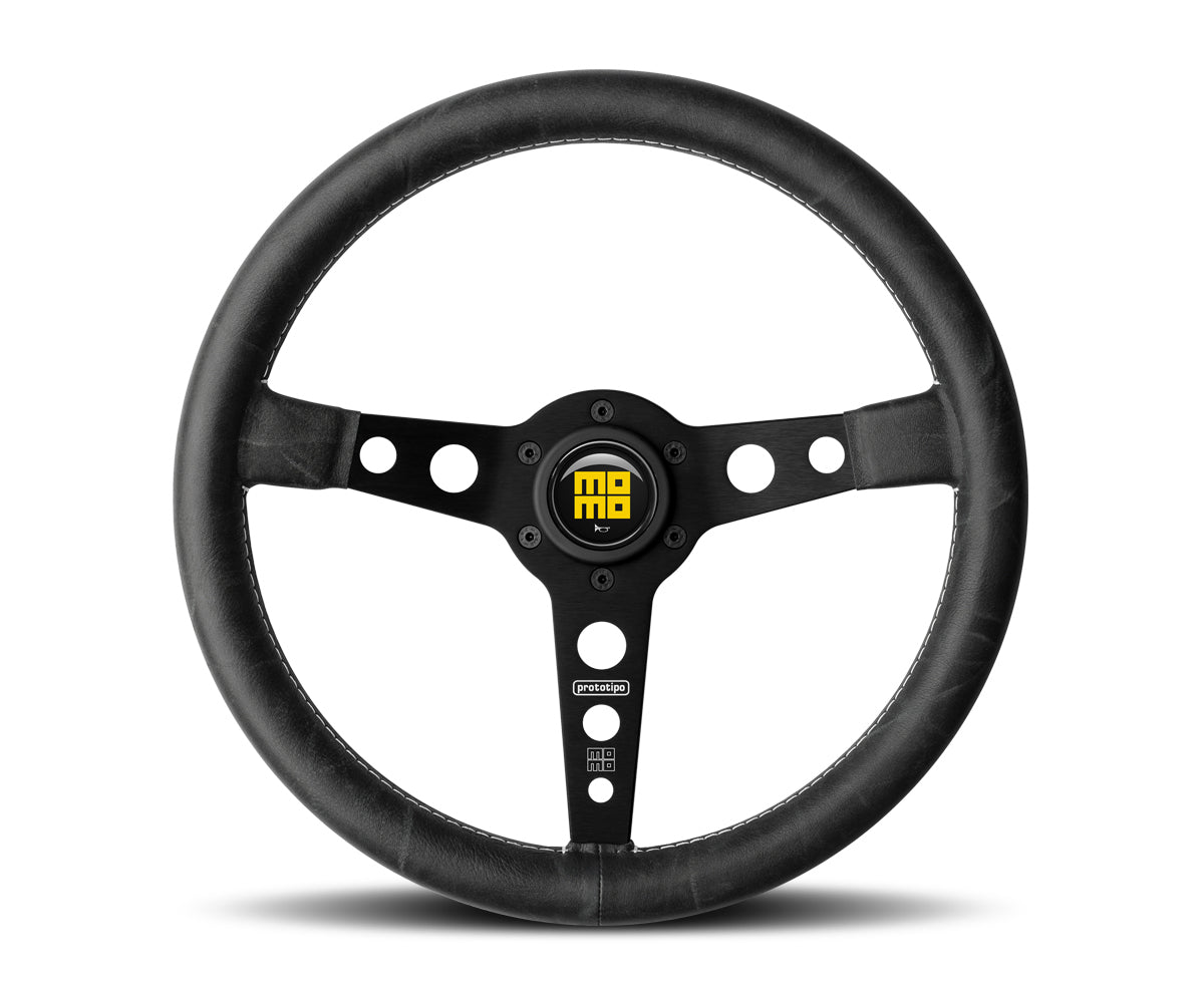 MOMO Tuning & Safety Steering Wheel - Prototipo Heritage - 350 Mm Diameter - 39 Mm Dish - 3 - Spoke - Black Leather Grip - Aluminum - Black PRH35BK2B