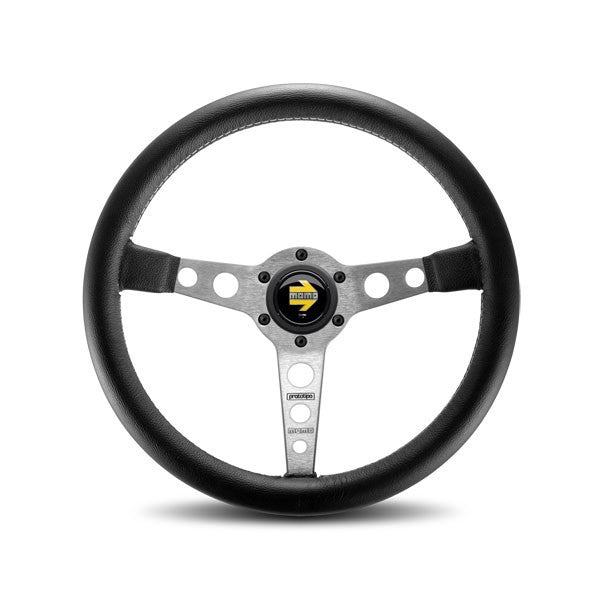 MOMO Tuning & Safety Steering Wheel - Prototipo - 350 Mm Diameter - 39 Mm Dish - 3 - Spoke - Black Leather Grip - Aluminum - Brushed - each PRO35BK0S