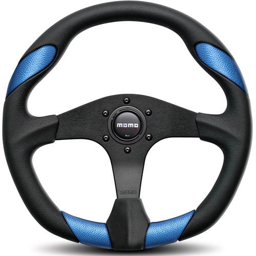 MOMO Tuning & Safety Steering Wheel - Quark - 350 Mm Diameter - 40 Mm Dish - 3 - Spoke - Black Polyurethane / Blue Leather Insert Grip - Al QRK35BK0BU