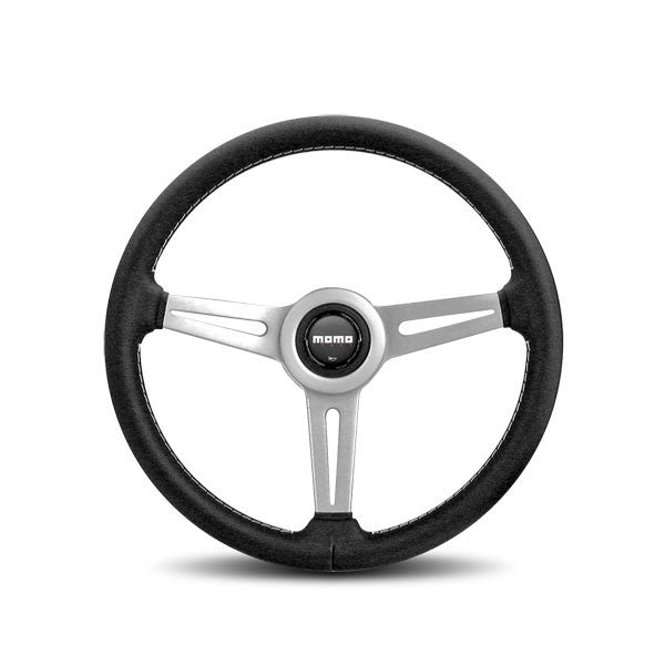 MOMO Tuning & Safety Steering Wheel - Retro - 360 Mm Diameter - 40 Mm Dish - 3 - Spoke - Black Leather Grip - Aluminum - Brushed - each RET36BK2S
