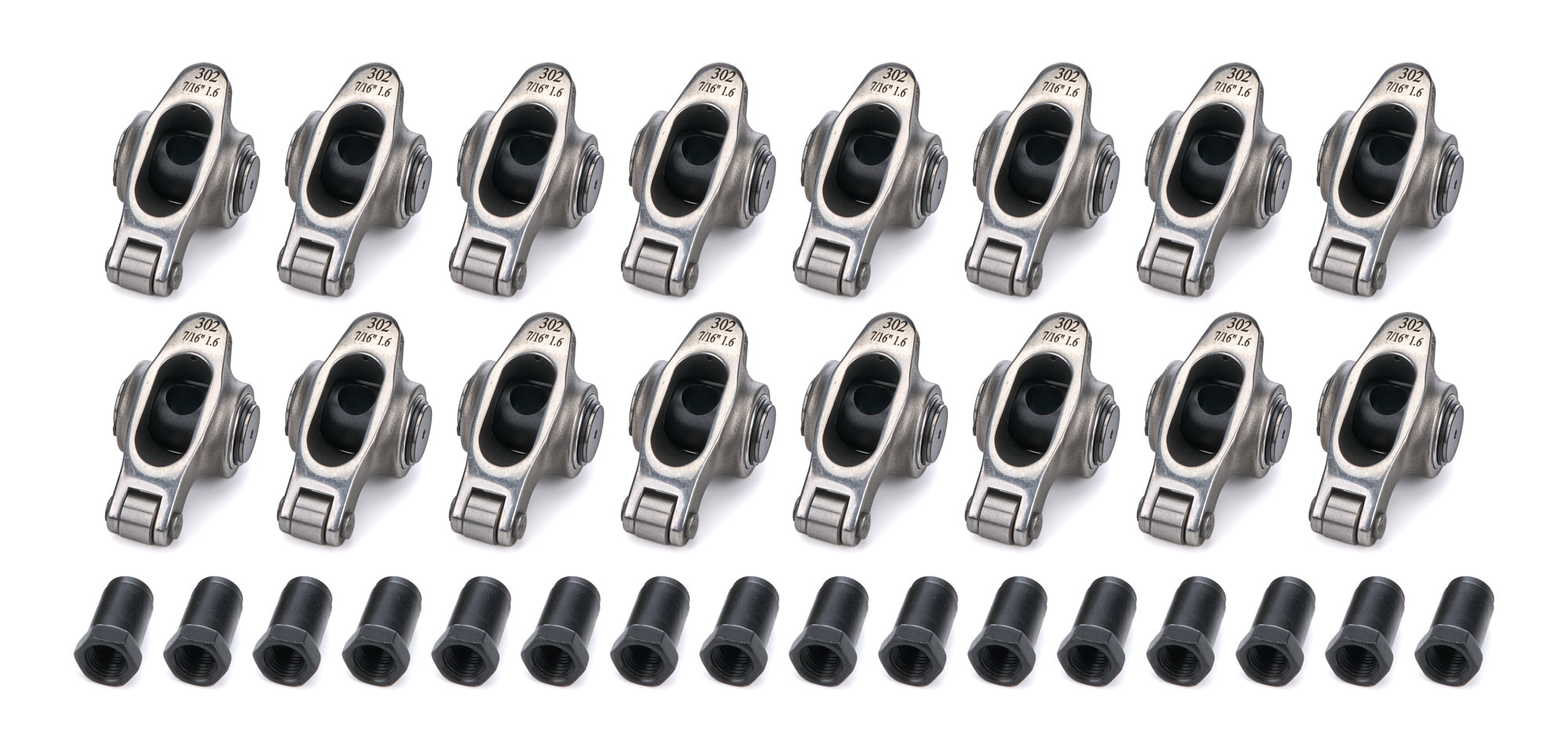 PRW Elite Series Rocker Arms 62302716, 1.60 Ratio, 7/16 in Stud Mount, Full Roller, Stainless Steel, Set of 16