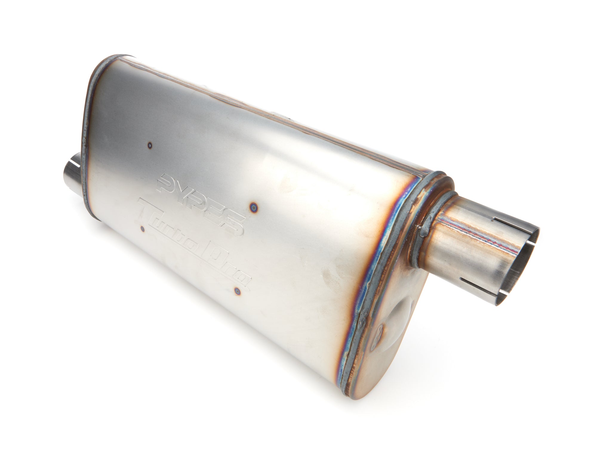 Pypes Performance Exhaust Turbo Pro Muffler MVT30, 2.5-Inch Offset Inlet and Outlet, Stainless Steel