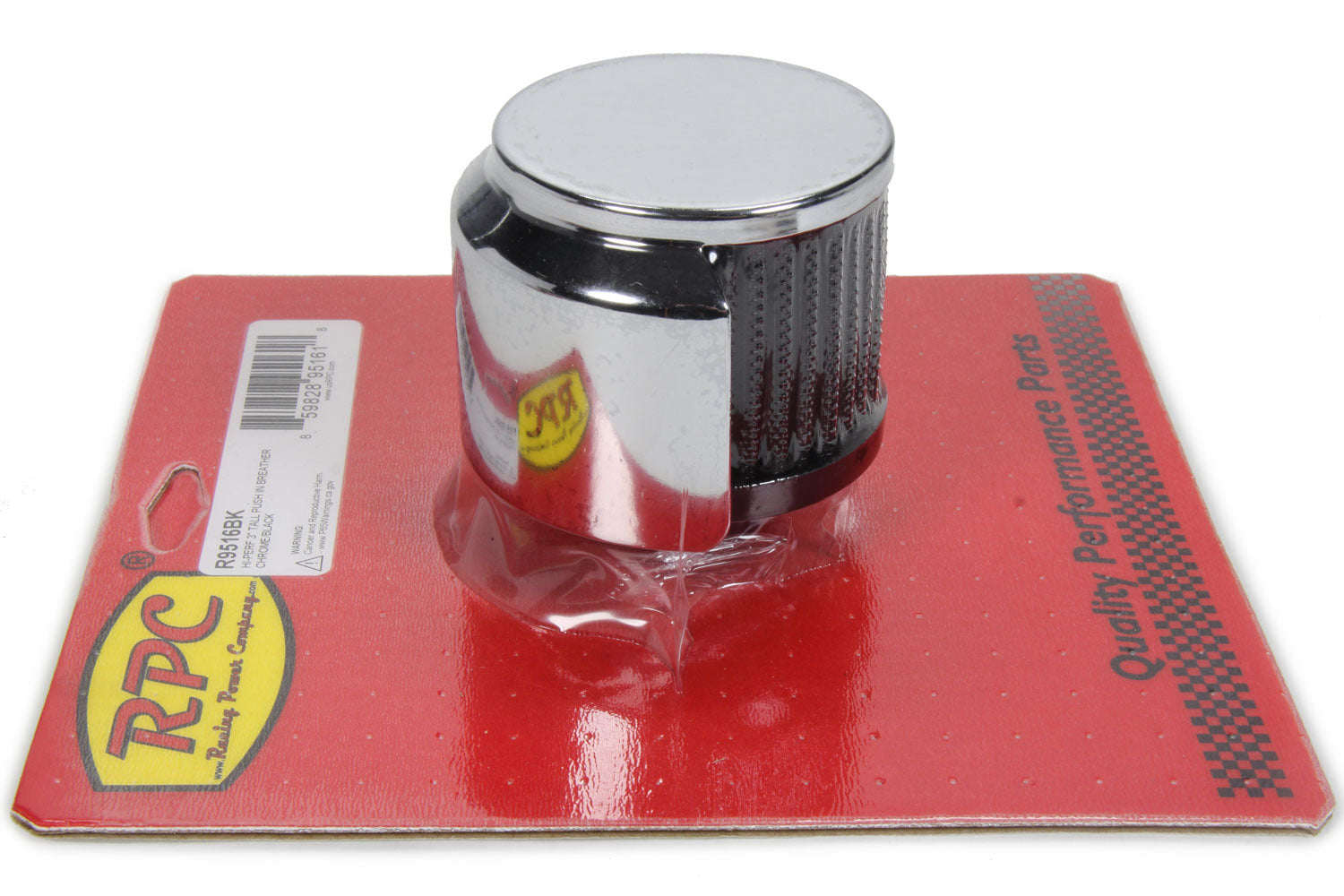 RACING POWER CO-PACKAGED R9516BK Push-In Breather, 3 in Tall, Chrome/Black