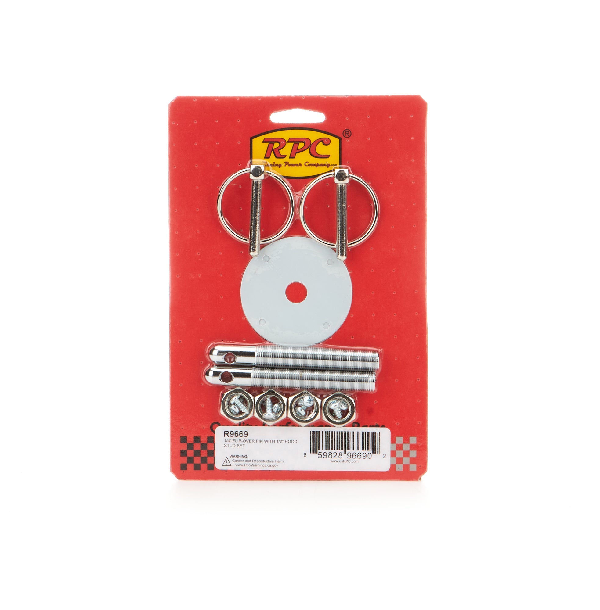 RACING POWER CO-PACKAGED R9669 1/4 in Flip-Over Hood Pin and 1/2 in Hood Stud Set