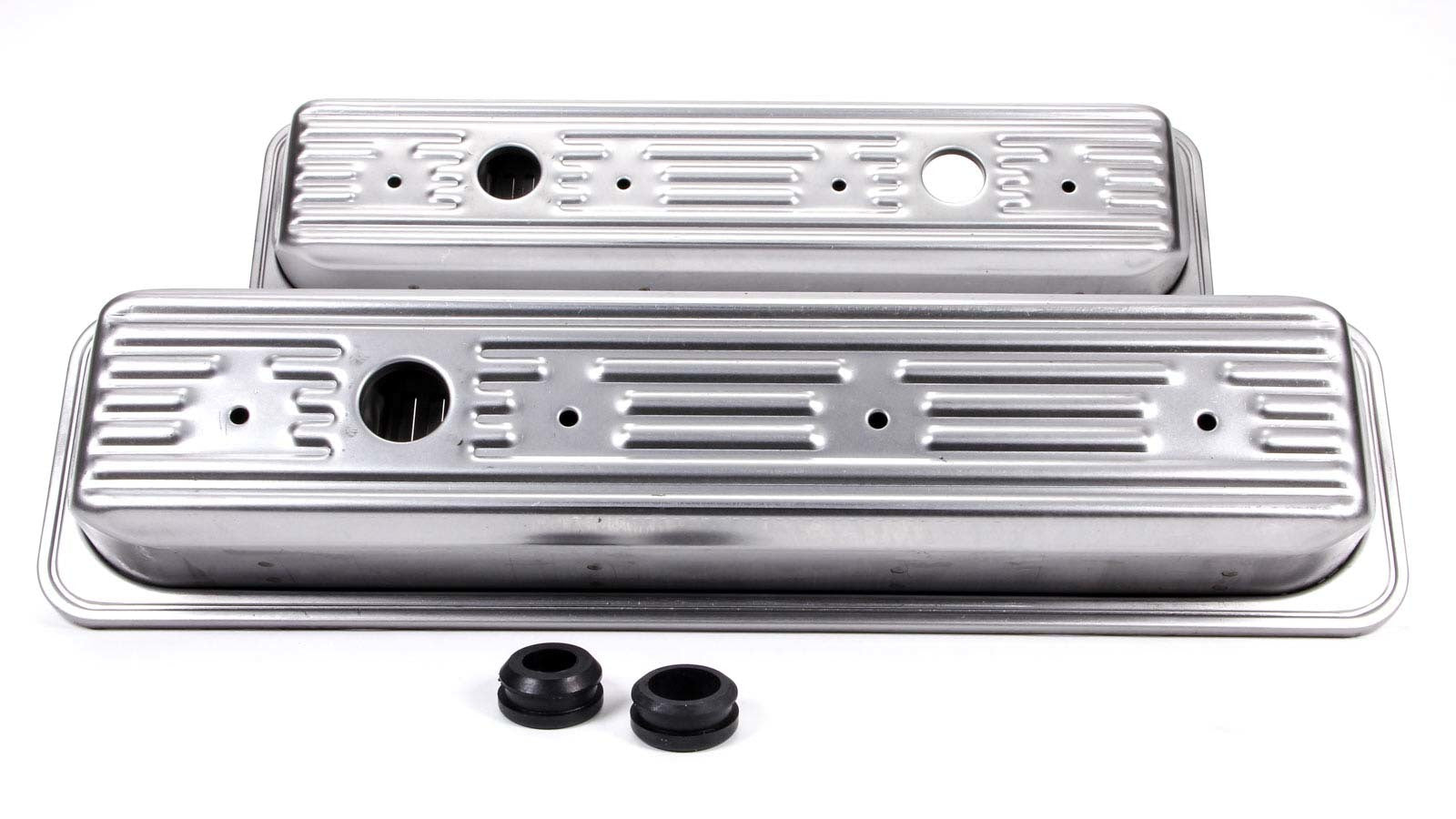 Racing Power Co-Packaged R9702RAW Steel Short Center-Bolt Valve Covers for Small Block Chevy